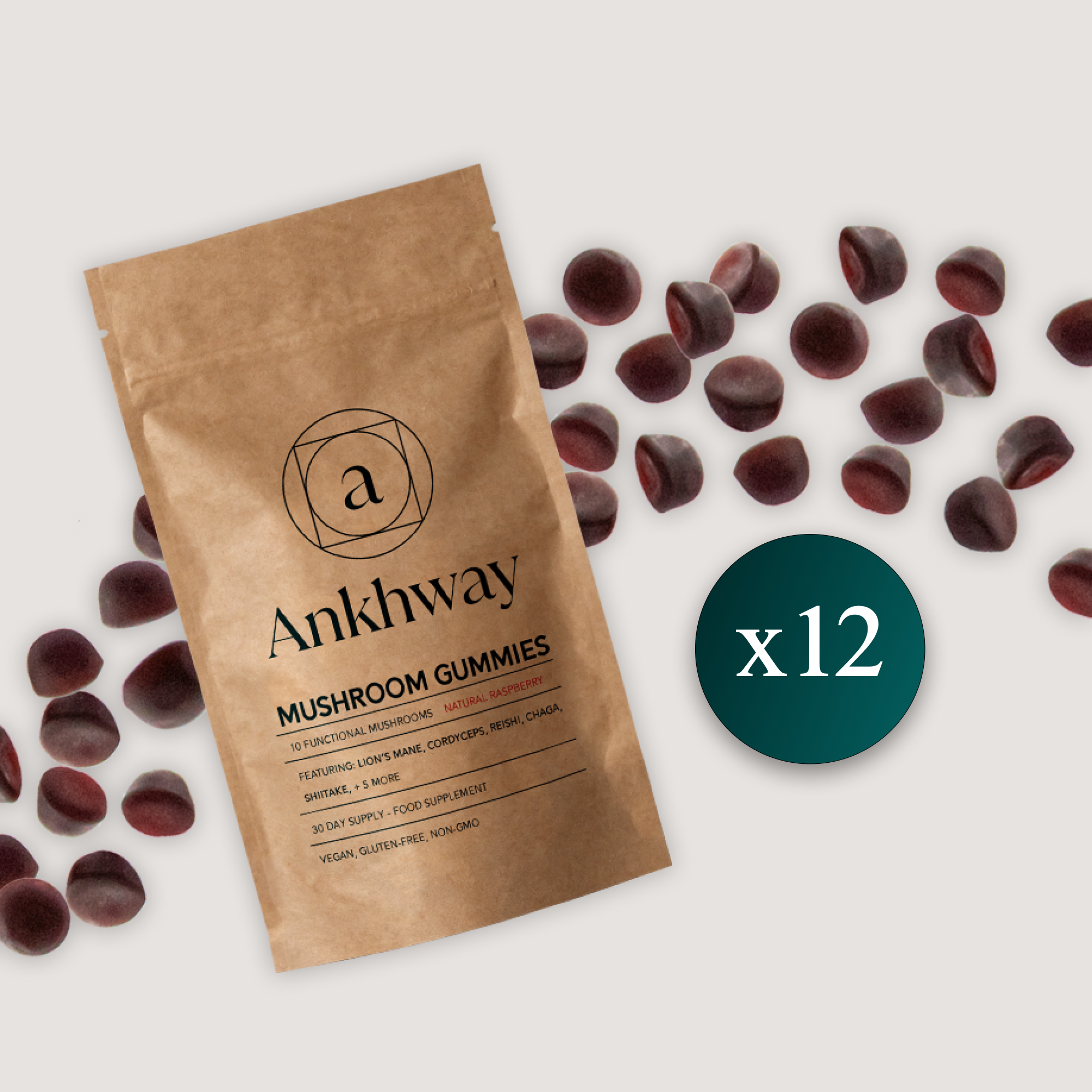 Ankhway mushroom gummies package surrounded by scattered gummies, labeled 'x12'.