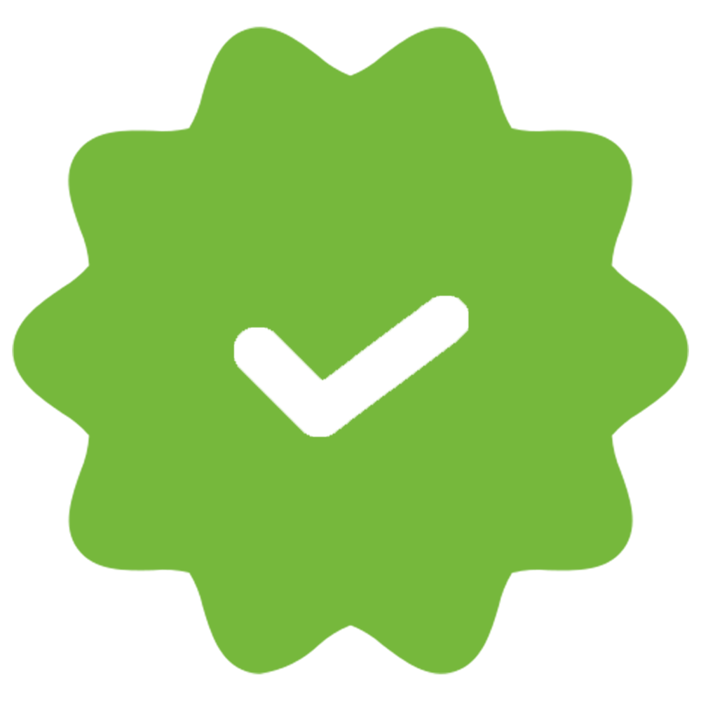 Green checkmark inside a starburst shape.